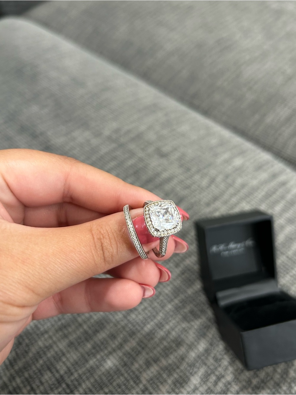 R.H. Macy & Co. Cushion Halo Engagement Ring w Matching Band - Size 7